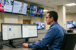 IT administrator managing digital signage system to ensure secure, consistent, and compliant messaging across departments.