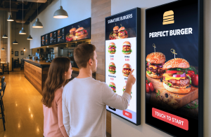 Customer interacting with a self-service kiosk